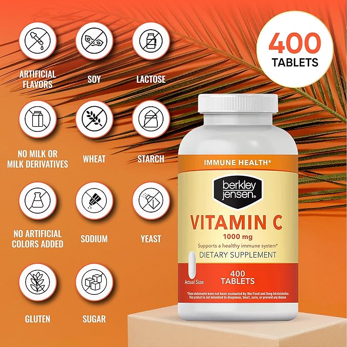 berkley jensen 1000 mg Vitamin C Supplement (400 Tablets), Extra Strength Daily Immune Defense Support for Men and Women, Sugar and Gluten Free Ascorbic Acid, Pure