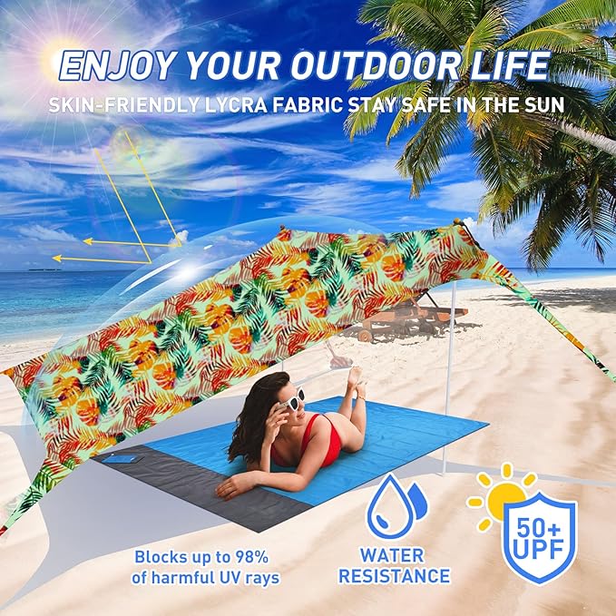 Beach Tent Pop Up Sun Shade Canopy Sun Shelter UPF50+ with 4 Stability Poles/Carry Bag/Ground Pegs/Sand Shovel/Windproof Ropes Portable Outdoor Family Sunshade for Beach Camping Fishing Picnic