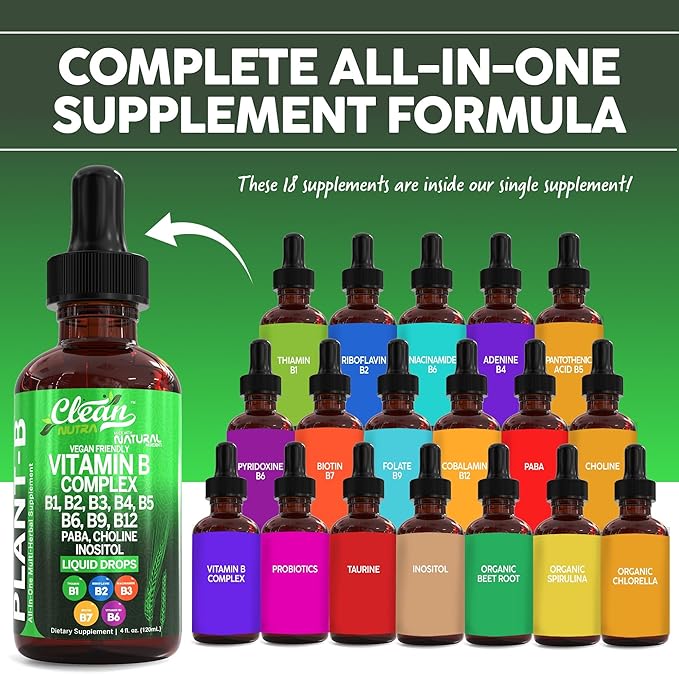 Vitamin B Complex Liquid Drops | Thiamine B1, B6, B2, B3, B4, B5, B7 B9, B12, Niacinamide, Paba, Choline Inositol Taurine Probiotics Beet Root Spirulina - Plant-B Vitamin Supplements by Clean Nutra