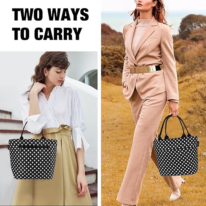 Aosbos Black Lunch Box for Women Lunch Bags for Adult Insulated Lunch Tote Bag Meal Prep Lunch Box Purse Lunchbox Portable Cooler Bag Bento Box Bag Loncheras Para Mujer, Polka Dot