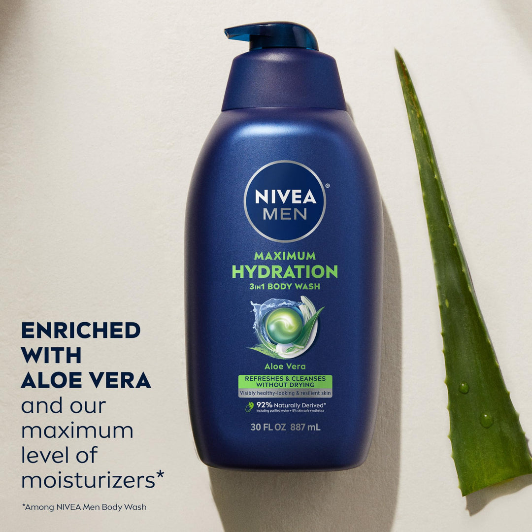 NIVEA MEN Maximum Hydration Body Wash for Dry Skin, Aloe Vera Enriched, 3-in-1 Moisturizing Body Wash, Face and Hair, Paraben Free, Vegan Formula, 30 Fl Oz Bottle