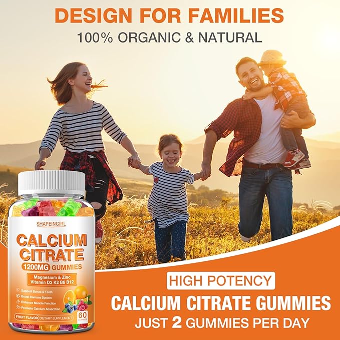 1200mg Calcium Citrate with Vitamin D3, K2, B6 & B12, Calcium Supplements for Women & Men, Plus Magnesium Zinc for Bones, Muscle & Immune Support, High Absorption Fruit Flavor 120 Calcium Gummies
