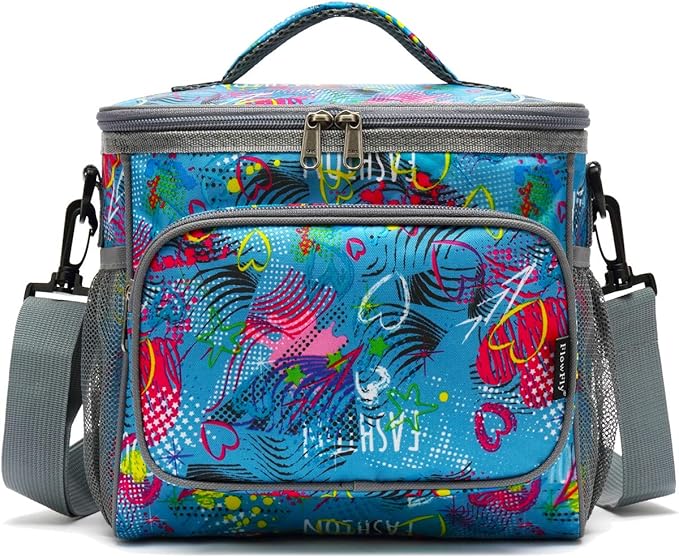 FlowFly Insulated Reusable Lunch Bag Adult Large Lunch Box for Women and Men with Adjustable Shoulder Strap,Front Zipper Pocket and Dual Large Mesh Side Pockets,Heart