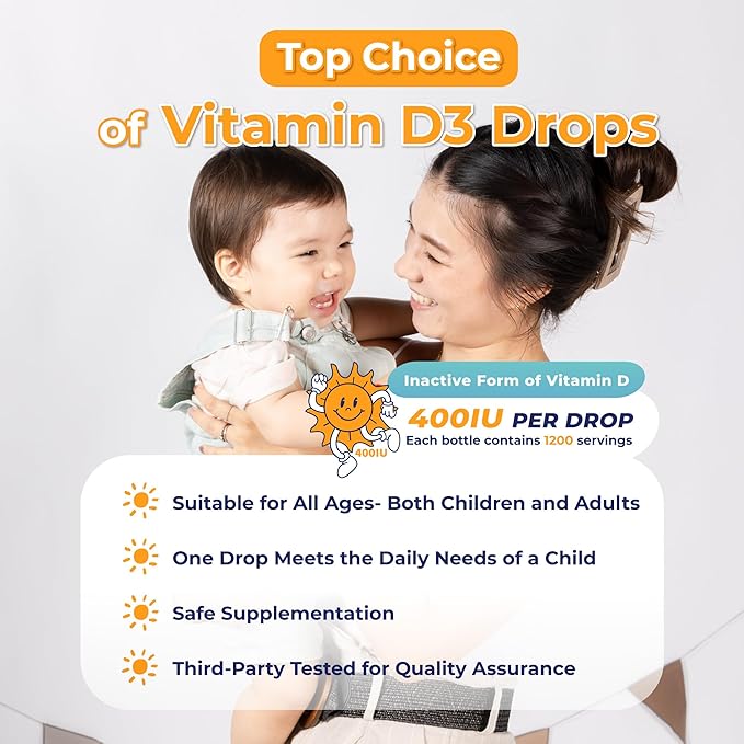 Baby Vitamin D3 Drops-400IU per Drop-1200 Servings-Safe for Newborns&Kids-Supports Immune&Bone Health-30ml