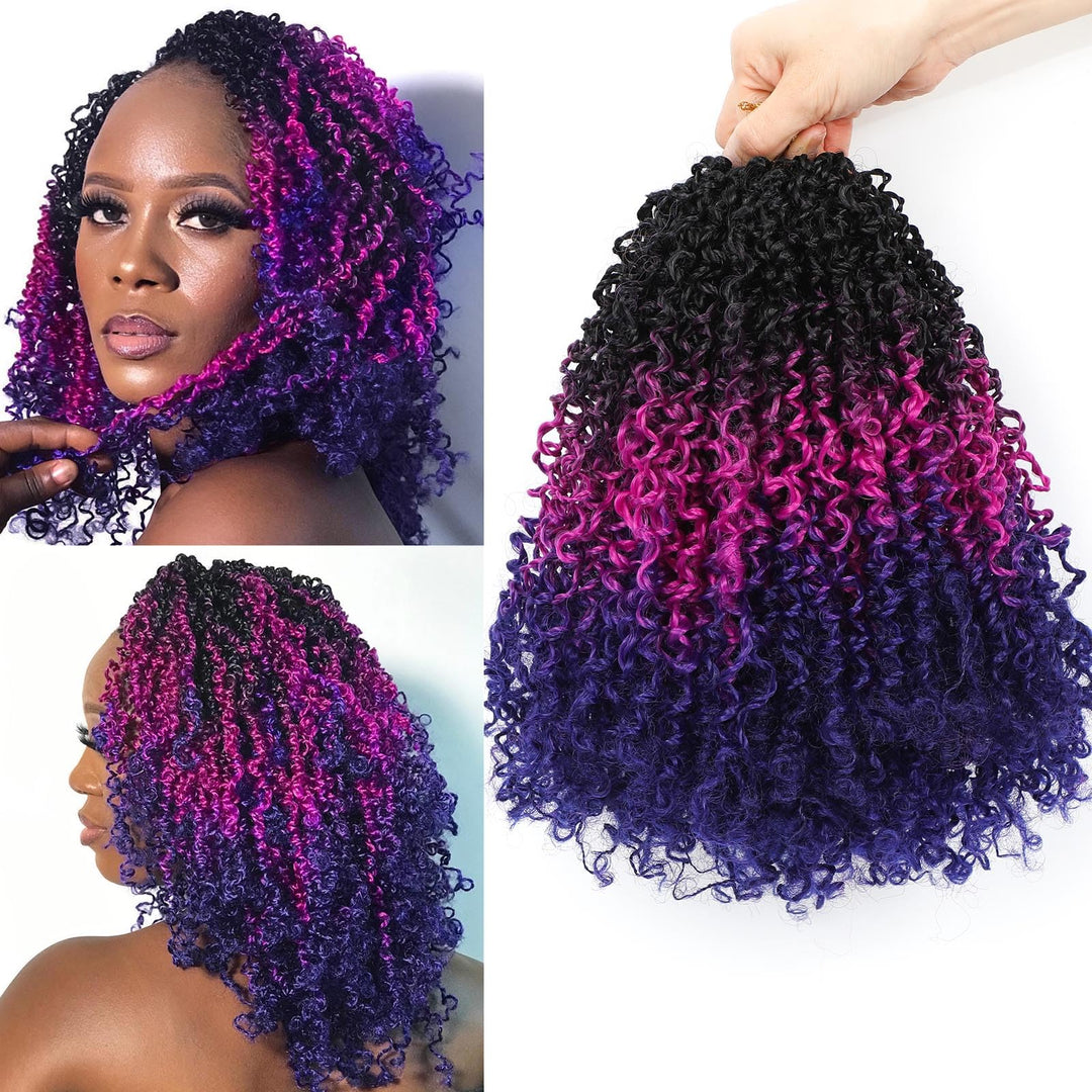 Aksice Pre-looped Yanky Twist Crochet Hair 8 Inch 8 Packs Bohemian Passion Twist Spring Mini Twist Crochet Hair for Black Women Boho Crochet Braids Synthetic (#1b/purple/blue)