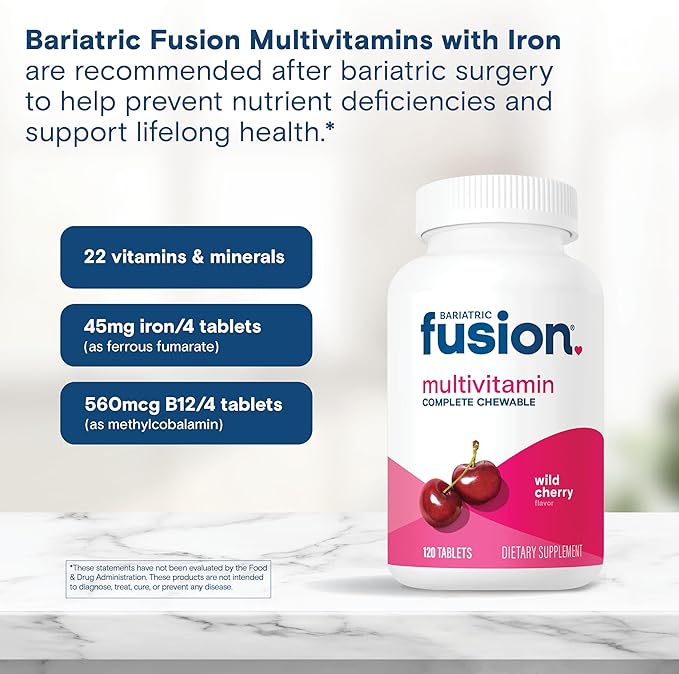 Bariatric Fusion Bariatric Multivitamin with Iron Complete Chewable | Wild Cherry | Post Bariatric Vitamins for Gastric Bypass and Sleeve Gastrectomy | One Month Supply