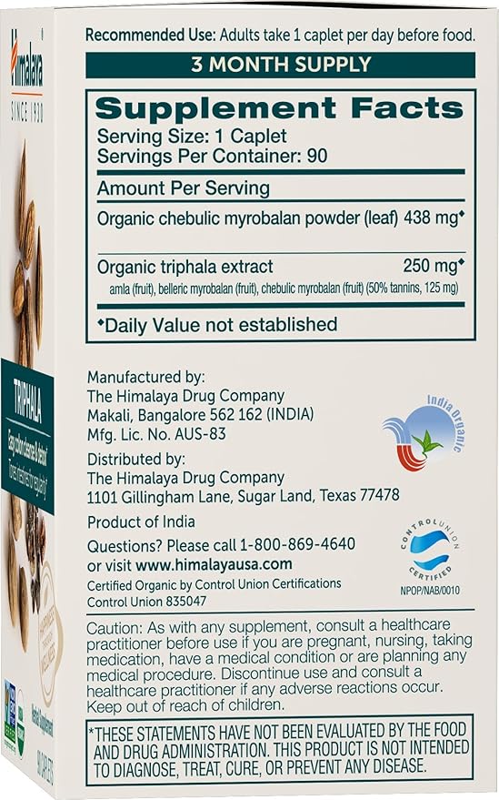 Himalaya Organic Triphala, Colon Cleanse & Digestive Supplement for Occasional Constipation, 688 mg, 90 Caplets, 2 Month Supply