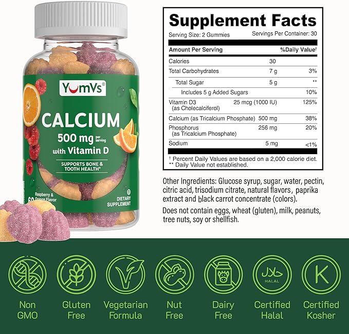 YumVs Calcium 500mg with Vitamin D3 - Raspberry & Orange Flavor Calcium Vitamin D Gummies, Chewable Calcium Supplement for Kids & Adults, Vitamin D Calcium Gummies (60 Count (Pack of 2))