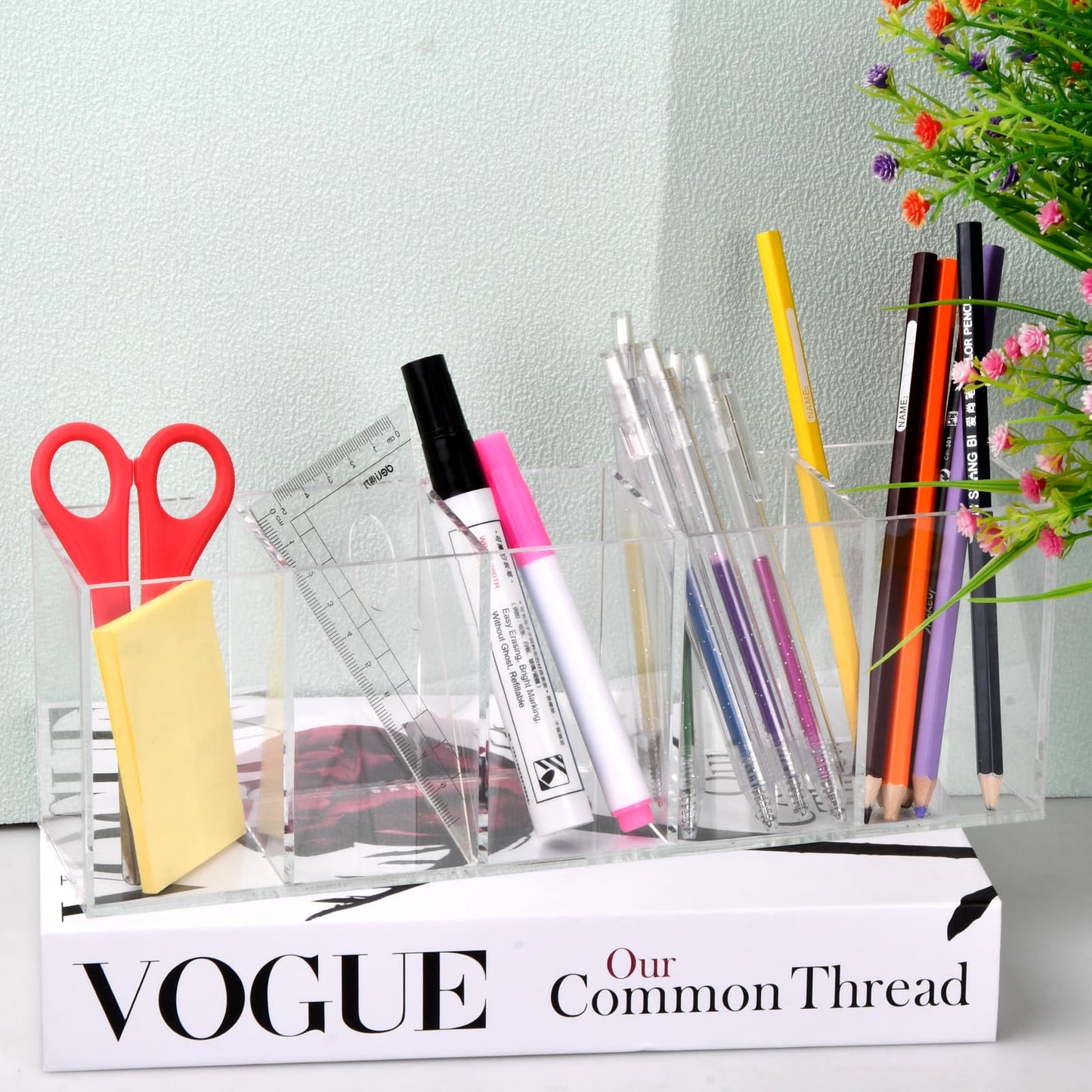 Acrylic Pen Pencil Holder, Transparent Makeup Brush Holder Organizer, Clear Pen Pot, 5 Compartments Desk Organizer, Desktop Stationery Storage for Office, Classroom, School Supplies, Vanity