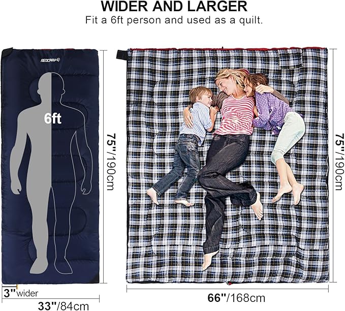 REDCAMP Outdoors Cotton Flannel Sleeping Bag for Camping Hiking Climbing Backpacking, Envelope Sleeping Bag with Compression Sack, Red Plaid 3lbs(79"x33"), Navy Blue 2lbs (75"x33")