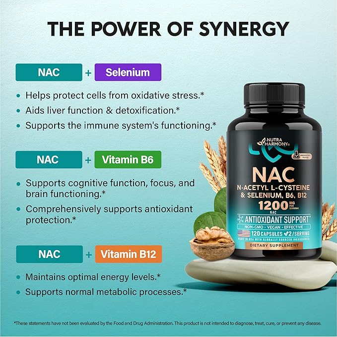 NAC Supplement | Selenium | B6 | B12 - Antioxidant, Immune Support - N Acetyl Cysteine 600 mg per Capsule, 1200 mg per Serving - Made in USA - Non-GMO, Gluten-Free, Vegan - 120 caps, 2 Month Supply