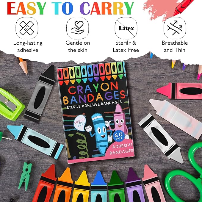 Geiserailie 60 Pcs Back to School Crayon Kids Bandages with Gift Box Self Adhesive Crayon Bandages for Minor Cuts Scrapes Fun First Aid Kit Graduation Gift First Day of School Classroom Party Supplies