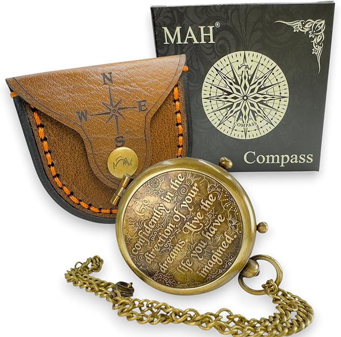 True North Compass – Go Confidently in The Direction of Your Dreams – Embossed Brass Compass – Graduation, Confirmation, Birthday, Motivational Gift for Him, Her, Students, Boys, Girls, High School