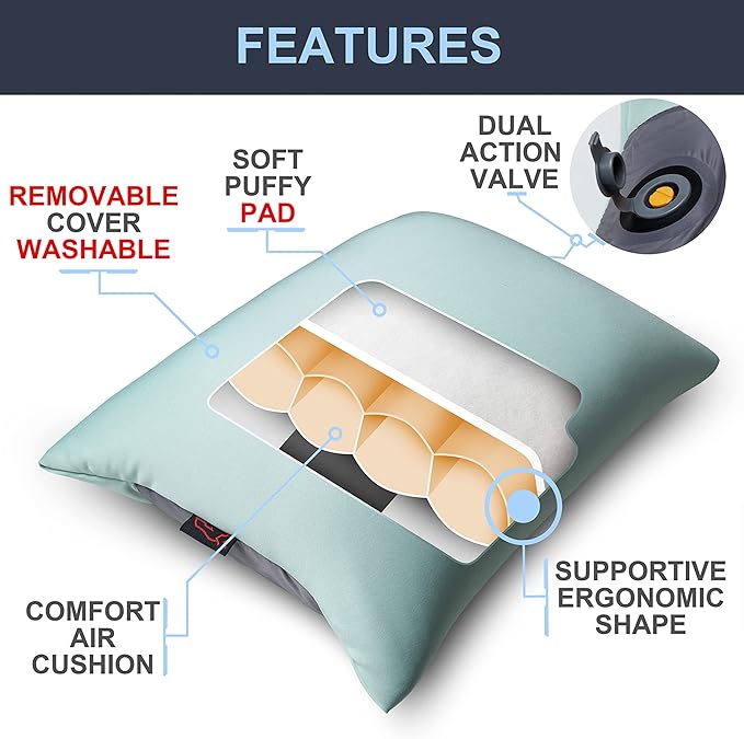 X-Foam Inflatable Camping Pillow Lite with Removable Foaming Cover | Comfortable, Washable Ultralight Portable with Neck Lumbar Support | Backpacking, Hiking, Travel, Air | Small