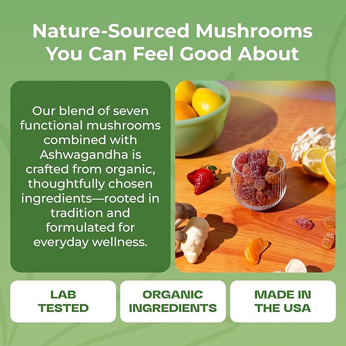 Ashwagandha Gummies and Lions Mane Mushroom Gummies Supplement - Organic - Reishi, Cordyceps, Turkey Tail, Maitake, Shitake, Chaga - Immune Defense, Boosts Cognitive Performance, Vegan, Low Carb