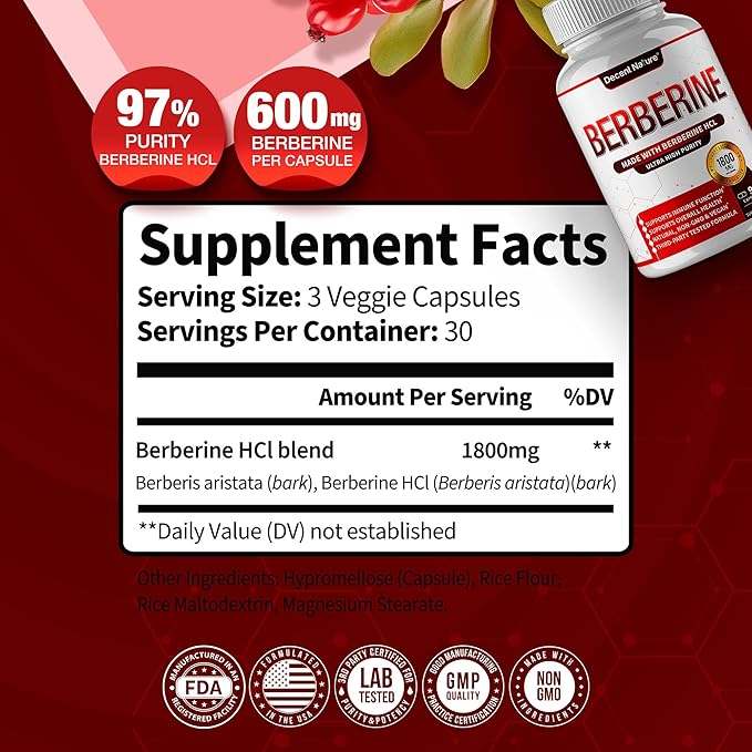 Berberine Supplement 1800mg - Premium Berberine HCl 97% High Purity, Supports Immune System, High Potency Hydrochloride & Extract, Activates AMPK & GLP-1, Non-GMO Vegan, for Men Woman 90 Capsules