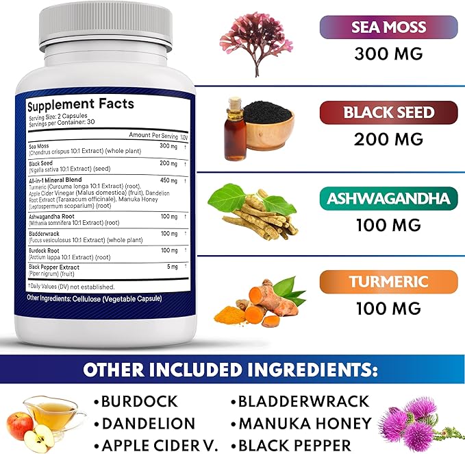 NEW AGE Silica Sea Moss, Black Seed Oil, Ashwagandha, Turmeric, Bladderwrack, Burdock - with Manuka, Honey Dandelion, ACV Black Pepper Gluten Free