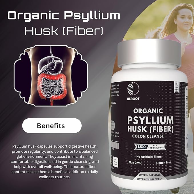 Psyllium Husk Fibre Capsules 1000mg (60 Caps) – Natural Digestive Supplement, unflavored, Gluten-Free, Non-GMO, Wheat & nut Free. Serving Size: 2 Capsules. for Men & Women.