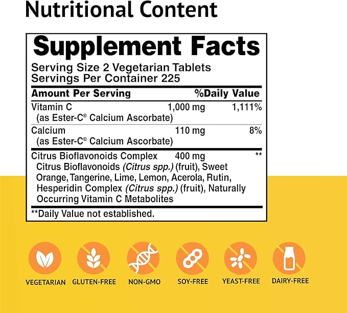 American Health Ester-C with Citrus Bioflavonoids Vegetarian Tablets - 24-Hour Immune Support, Gentle On Stomach, Non-Acidic Vitamin C - Non-GMO, Gluten-Free, Vegan - 500 mg, 450 Count, 225 Servings