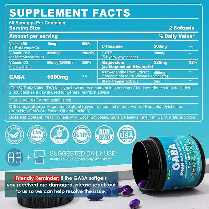 GABA Supplement - 1000 mg Liposomal Form for Optimal Absorption,GABA with L-Theanine, Magnesium Glycinate, 5HTP, Vitamin D3 for Brain Calm, Mood, Zzz Better - Melatonin-Free 120 Softgels.