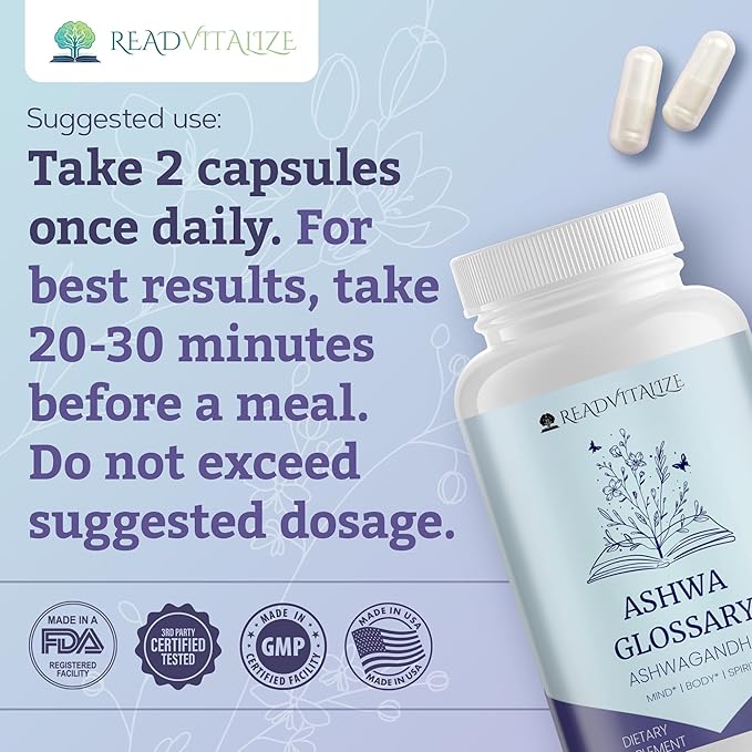 Ashwa Glossary Ashwagandha Supplements with Black Pepper - Enhance Mood, Energy, Reduce Cortisol, Support Hormones, Manage Stress & Sleep - Vegan, Gluten Free, Plant Based (60 Capsules)