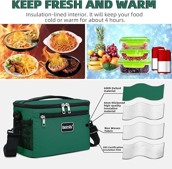 BEIMILY Lunch Box for Men/Women,Small Insulated Lunch Bag,Reusable LunchBox for work Picnic Beach,Leakproof Soft Cooler Tote Bag Organizer with Adjustable Shoulder Strap for Adults(Blackish Green)