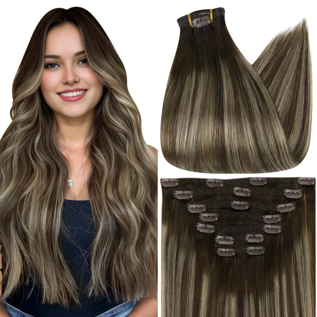 Full Shine Short Hair Extensions Clip ins Dark Brown Balayage Short Clip in Hair Extensions Dark Brown Balayage Platinum Blonde Remy Hair Extensions Straight Hair Thick Ends 12 Inch 7 Pcs