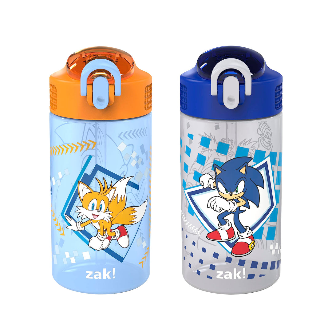 Zak Designs Sonic Kids' 2-Pack Leak-Proof Water Bottles With Straw, Handle and Pop-Up Spout Cover