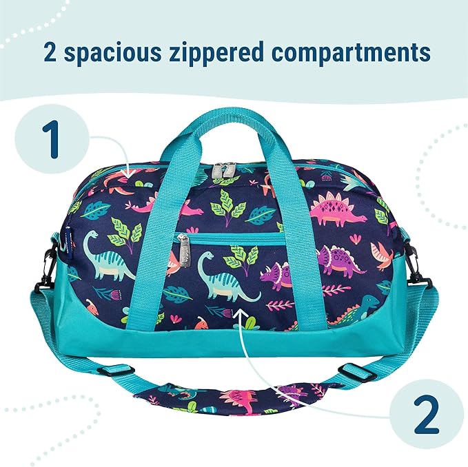 Wildkin Kids Overnighter Duffel Bag – Carry-On Size, Ideal for School & Sleepovers – Darling Dinosaurs
