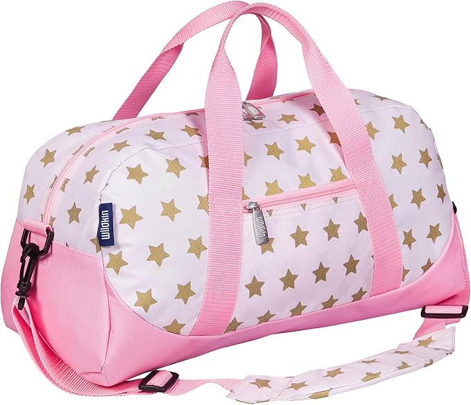 Wildkin Kids Overnighter Duffel Bag – Carry-On Size, Ideal for School & Sleepovers – Pink and Gold Stars