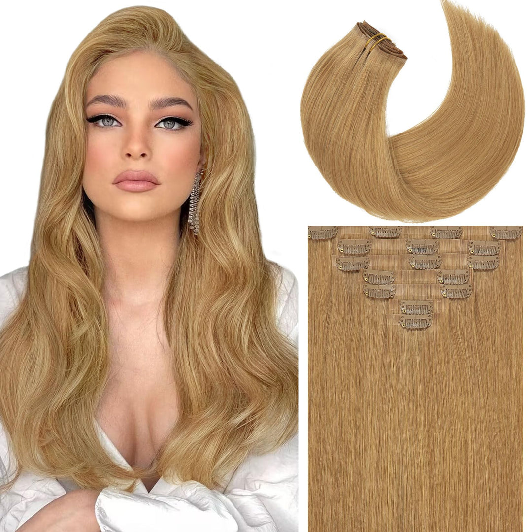 Caliee Human Hair Clip In Extensions 7Pcs Invisible Pu Skin Weft Seamless Hair Extensions Clip In Not Tangled Fluffy Caramel Blo