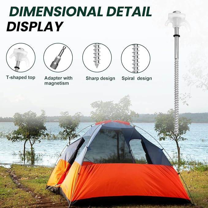 12 Pack 8-inch Heavy Duty Metal Tent Nails - Anchor Screws - Head That Will Glow at Night - Outdoor Camping - Metal Threaded Tent Nails and Hexagonal Head Drive and Storage Box (White)