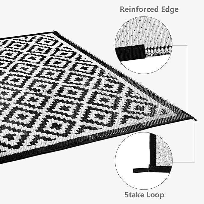 5x8 ft Outdoor Rug Waterproof, Plastic Straw Patio Carpet - UV Resistant Reversible Indoor Outdoor Rugs for Porch, Camping, Poolside, RV, Balcony, Easy to Clean, Black and White