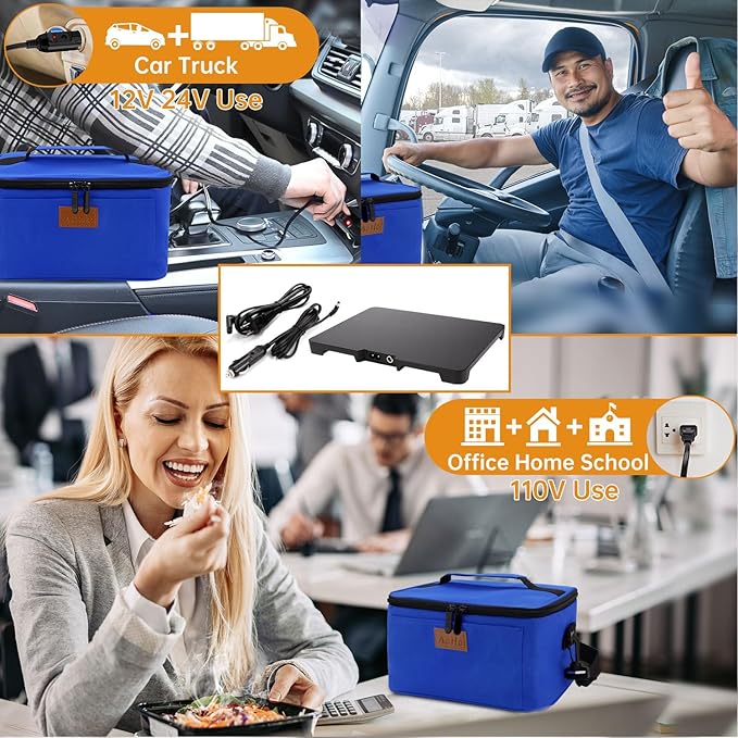 Aotto Portable Oven, Electric Lunch Box Food Heater - 12V/24V/110V 3-in-1 Car Food Warmer - Heated Lunch Box for Adults - Cook, Reheat & Keep Meals Warm for Car, Truck, Travel, Work, Home - Blue