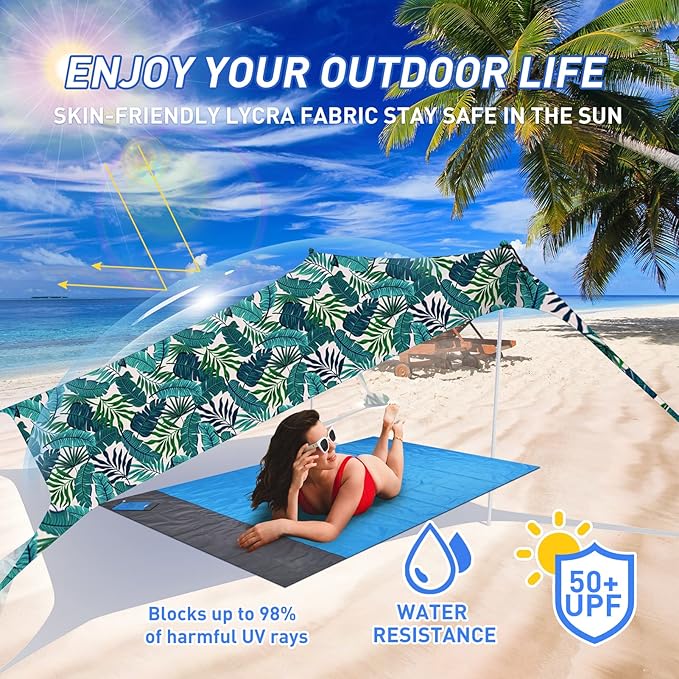 Beach Tent Pop Up Sun Shade Canopy Sun Shelter UPF50+ with 4 Stability Poles/Carry Bag/Ground Pegs/Sand Shovel/Windproof Ropes Portable Outdoor Family Sunshade for Beach Camping Fishing Picnic