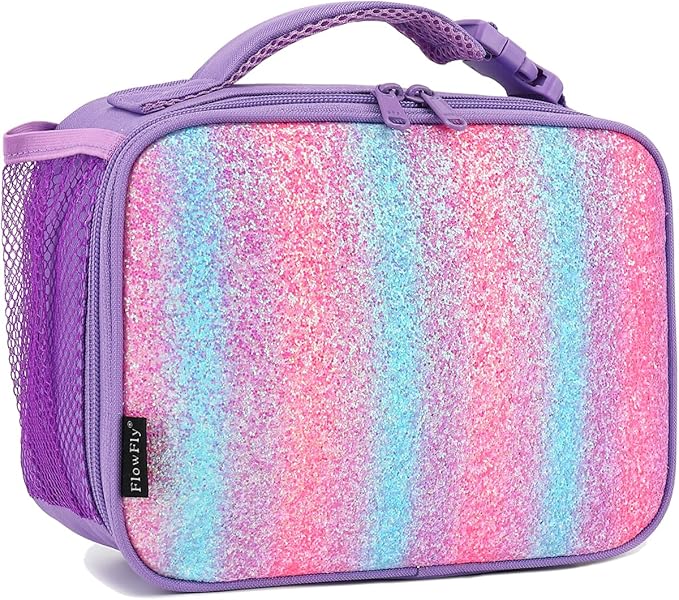 FlowFly Kids Lunch box Insulated Soft Bag Mini Cooler Back to School Thermal Meal Tote Kit for Girls, Boys,Purple#Glitter