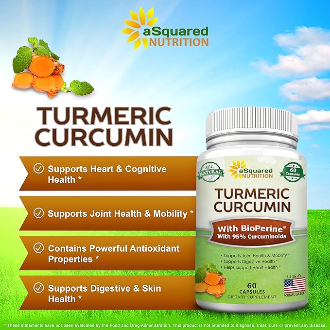 aSquared Nutrition Turmeric Curcumin 1300mg with BioPerine Black Pepper Extract Supplement - 60 Capsules - with 95% Curcuminoids - Natural Tumeric Root Powder Joint Pills