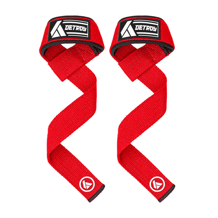Detroy® Lifting Wrist Straps for Weightlifting, Deadlifts, Bodybuilding, Powerlifting, Gym Strength Training Workouts - Padded Neoprene with 24 inch Webbing Cotton with Silicone Grip for Men & Women (Red)