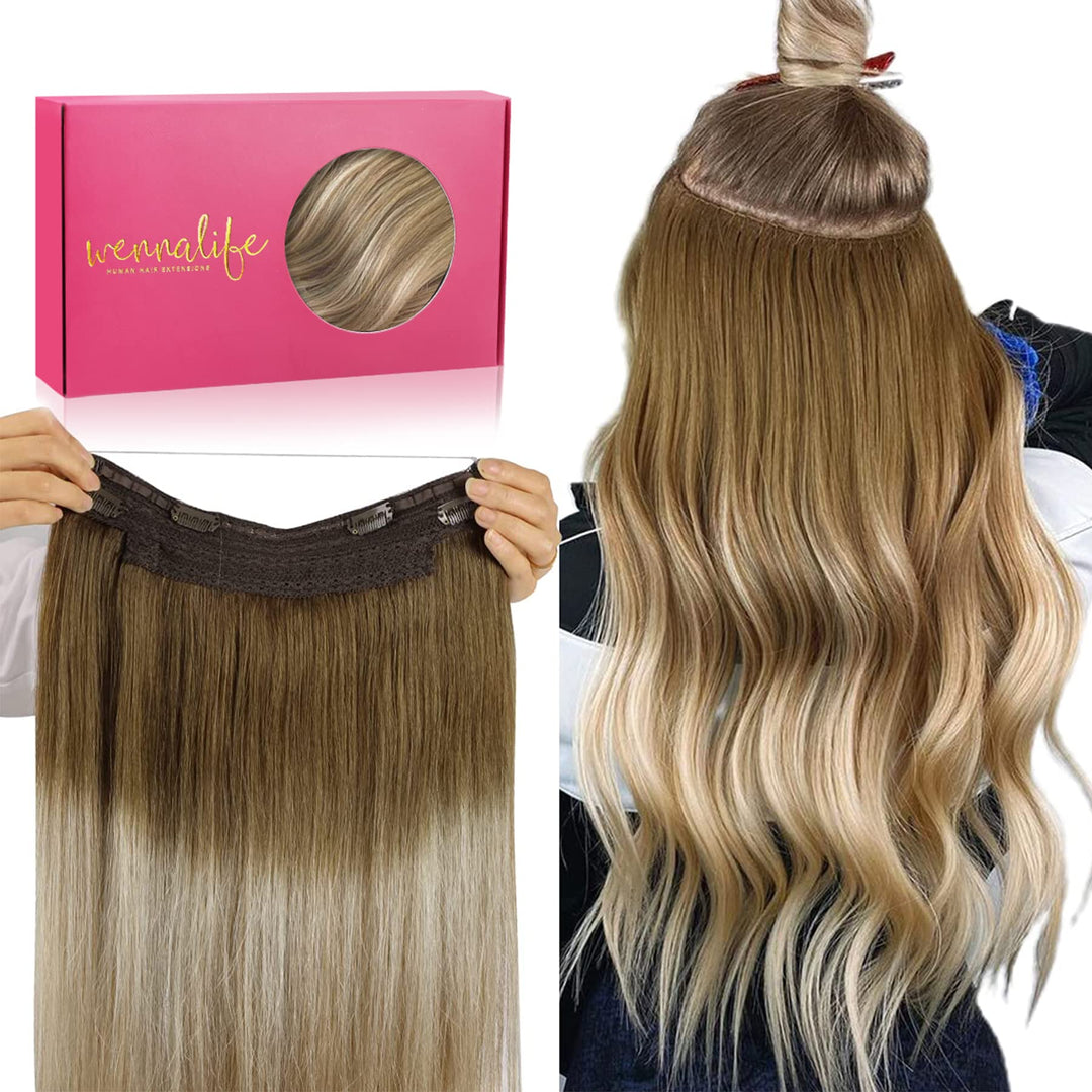 Wennalife Wire Hair Extensions (Increase 50% Lifespan) Real Human Hair 14 Inch 75G Ombre Walnut Brown To Ash Brown Bleach Blonde