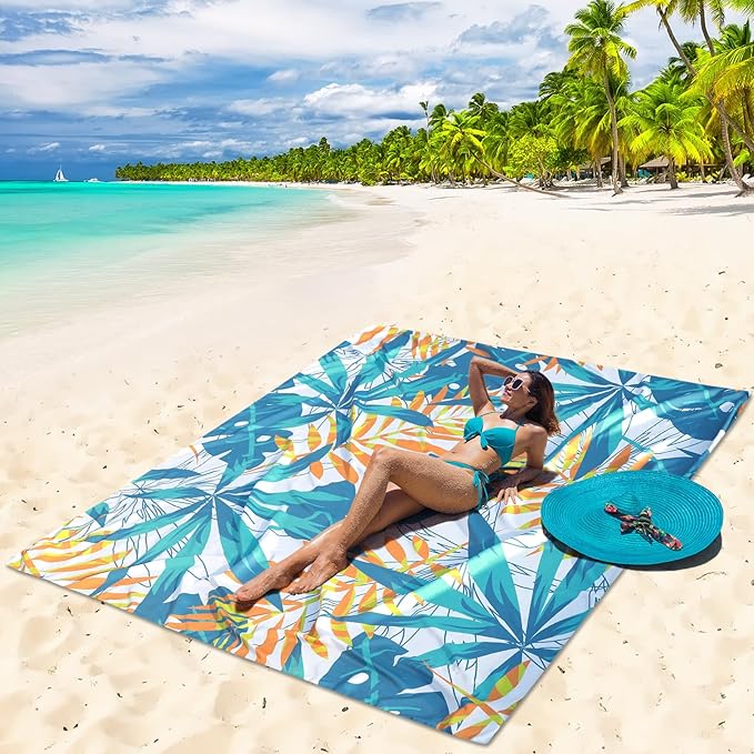 Beach Blanket Sandproof Extra Large Beach Mat Adults Waterproof Quick Drying Sand Free Mat Made by Premium Polyester with 4 Stakes & 4 Corner Pockets for Outdoor Travel Camping Hiking