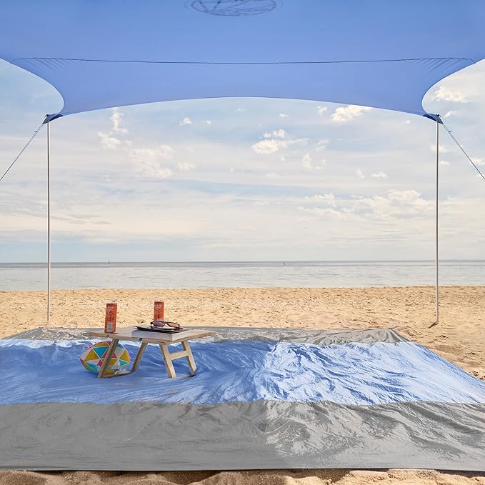 WEKAPO Beach Tent Sun Shelter - Easy Setup Beach Canopy with 4 Sturdy Poles, Large Sandbags and Shovel, 7'1'' Tall, Windproof Sun Shade for Backyard and Camping, UPF 50+ Protection