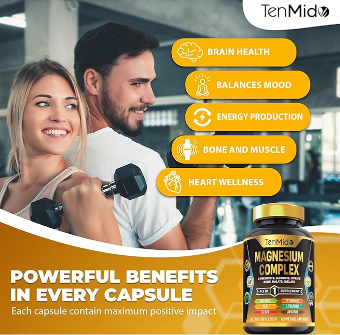 Magnesium Complex Supplement - 6 Types of Magnesium Glycinate, L-Threonate, Citrate, Oxide, Malate, Chelate - Combine with ALA, CoQ10, L-Theanine, Apigenin & More - 120 Capsules