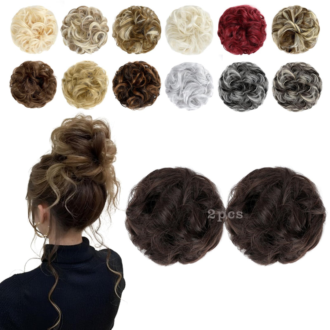 FeidyLong 2 PCS Messy Bun Hair Piece Wavy Curly Scrunchies Synthetic Chignon Ponytail Hair Extensions Thick Updo Hairpieces for Women Girls(Black&Dark Auburn)