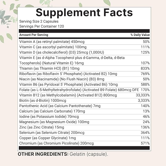 Pure Methylated Multivitamin for Men & Women | 240 Capsules with Vitamins C, D, B12, Thiamin, Folate + Magnesium, Zinc, & More | High Absorption | Bioactive Vitamin & Mineral Complex | Filler Free