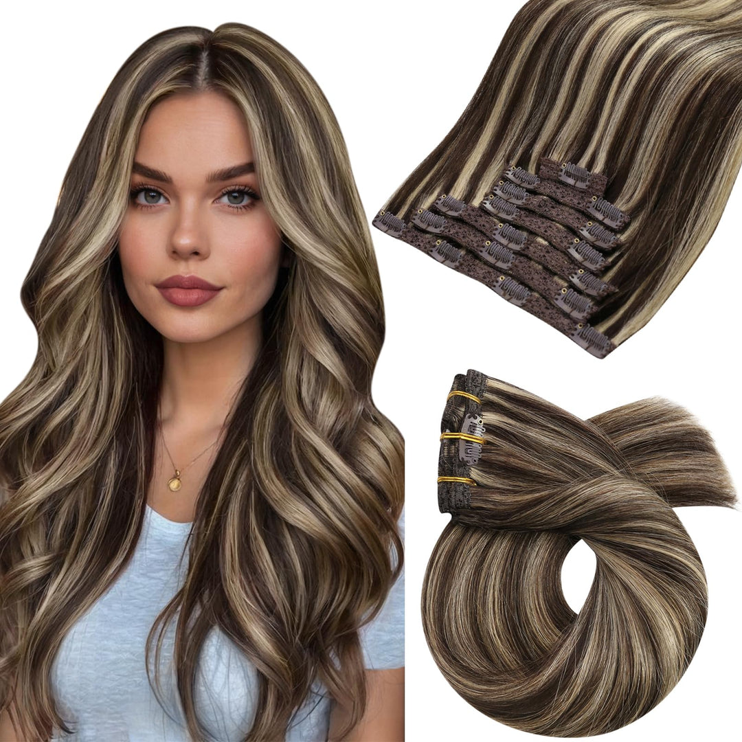 Moresoo Clip In Hair Extensions Human Hair Dark Brown Highlight Double Weft Human Hair Clip In Extensions Dark Brown With Carame