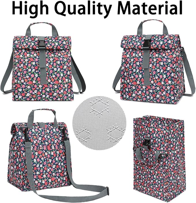 Insulated Lunch Bag for Men/Women/Kids, Roll top Reusable Lunch Box with Adjustable Shoulder Strap, Thermal Lunch Cooler Tote Container for Adults/Teens School Work Office Picnic,Floral