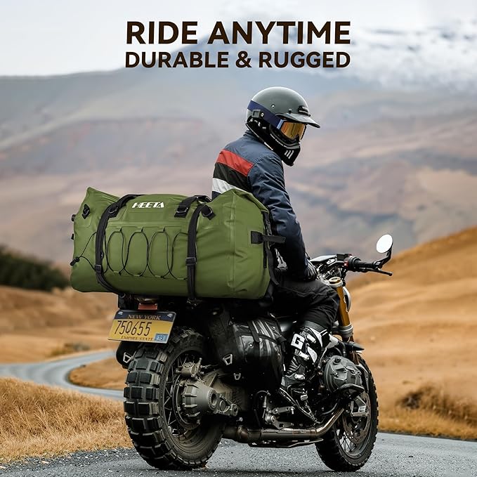 HEETA Waterproof Duffel Bag Motorcycle Dry Bag Backpack, Extra Large Rolltop Travel Duffle Bags with Straps & Handles for Kayaking Rafting Boating Canoeing Camping Gym Beach (Green, 60L)