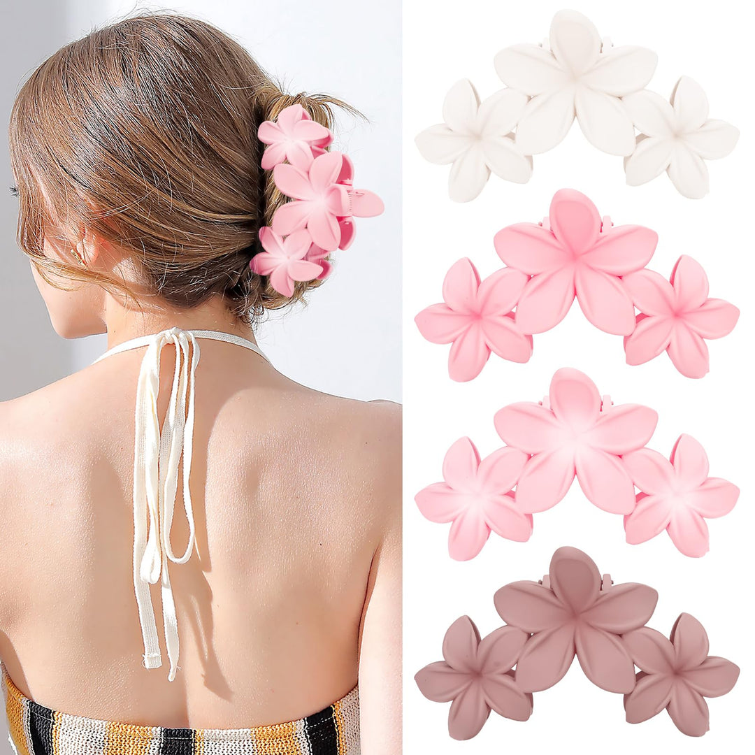 ANBALA Flower Claw Hawaiian Hair Clip, 4PCS Large Plumeria Hair Clips for Women, Non-Slip Strong Hold Clips for Thick Hair, Beach Hair Accessories (Pink, Gradient White, Dark Pink)