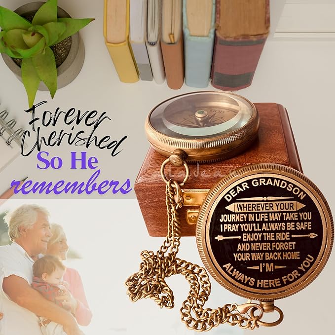 Gift for Grandson Brass Compass Engraved Quote | Memory Present to My Grandson Birthday, Baptism, Graduation, Confirmation, Love, Gift idea by Grandpa Grandma