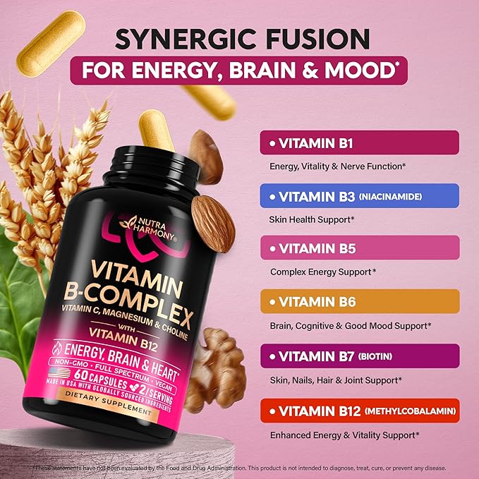 Vitamin B Complex for Men & Women - Made in USA - B-Complex: B1, B2, B3, B5, B6, B7, B8, B9, B12 with Vitamin C, Choline, Inositol - Energy, Brain & Heart Support Supplement, 60 Vegan Capsules